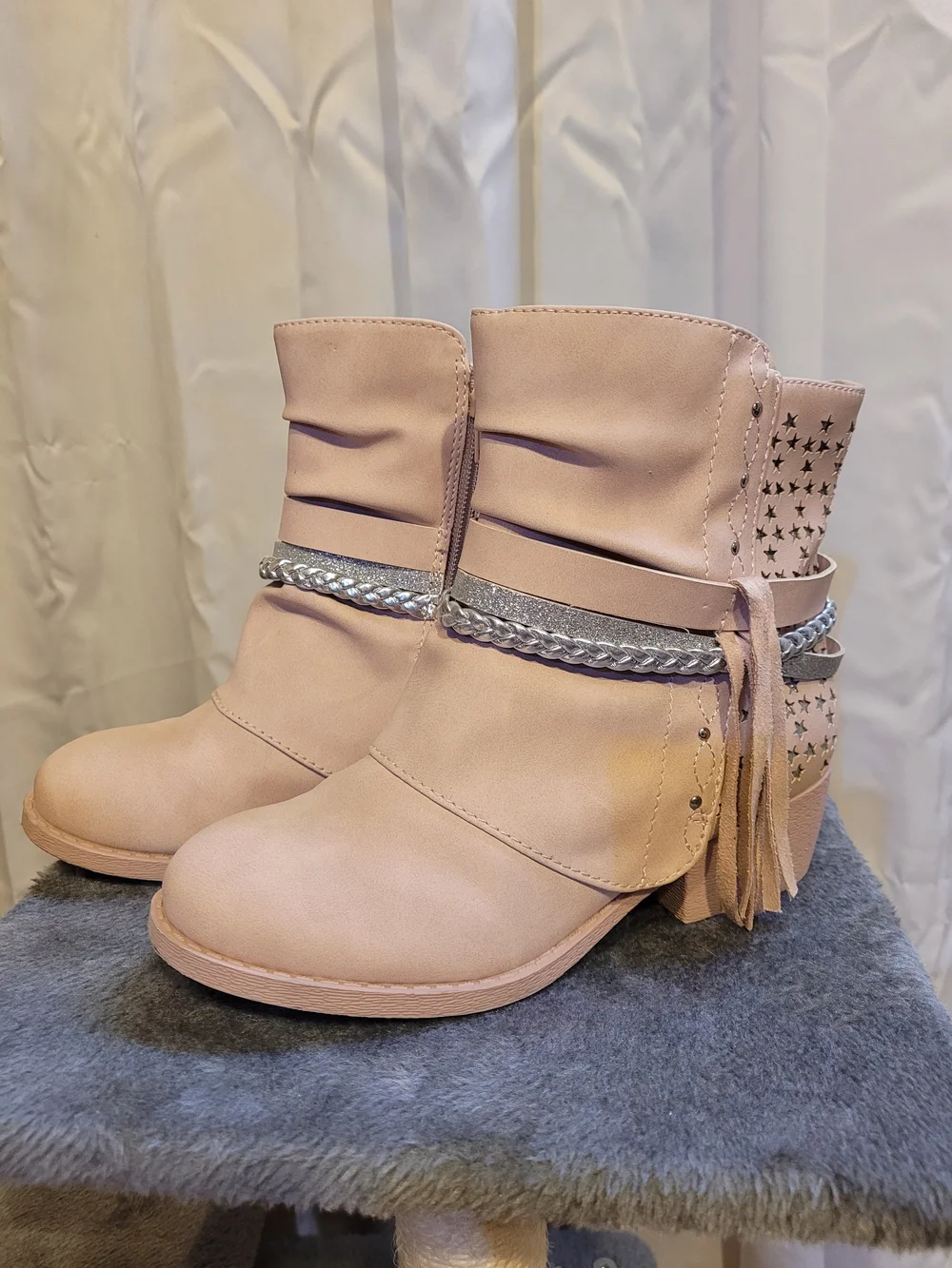 Amazon Pink Girls' Ankle Boots with Silver Braided Strap and Tassel